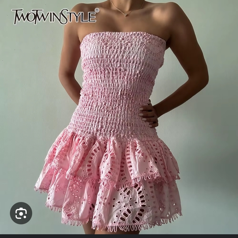 NWT Woman Mini A Line Dresses Strapless High Waist Spliced Ruffles Elegant - Picture 4 of 6